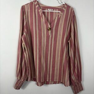 A New Approach Blouse Womens L V Neck Bishop Sleeve Minimal Earth Tone Casual